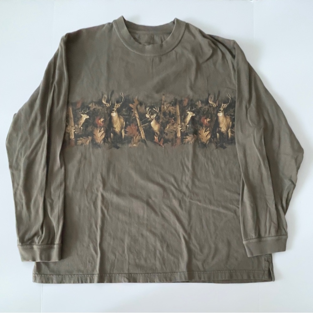 Buck Deer Vintage Long Sleeve Shirt XL Wildlife Nature Morgan Creek Olive Camo